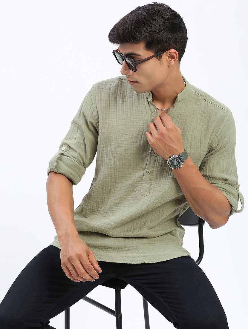 men mandarin neck solid short kurta - 21597437 -  Standard Image - 1
