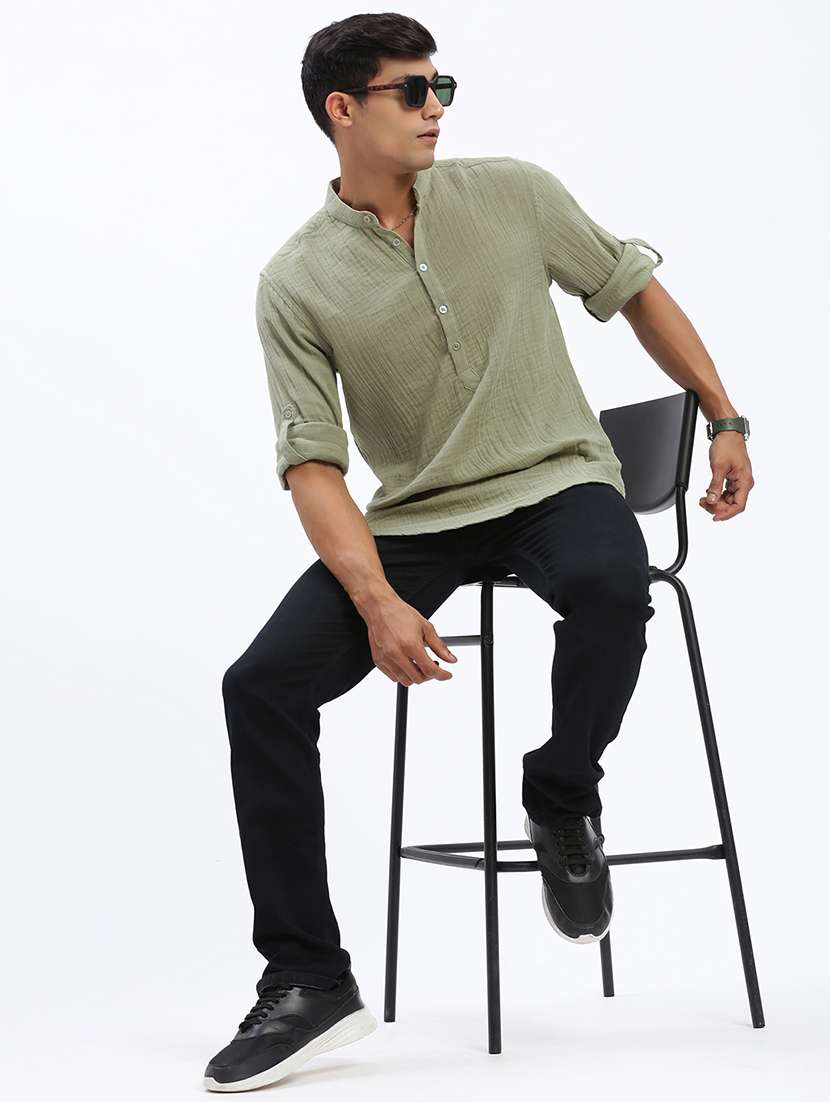 men mandarin neck solid short kurta - 21597437 -  Standard Image - 4