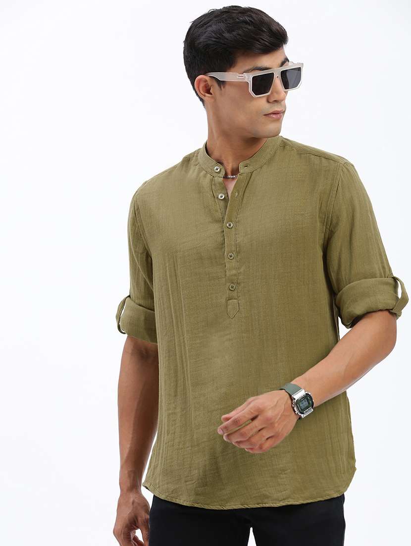 men mandarin neck solid short kurta - 21597440 -  Standard Image - 1