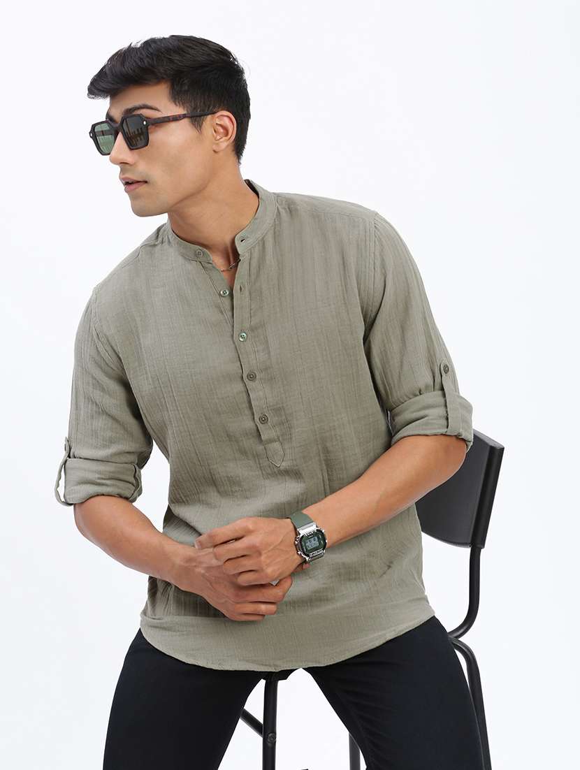 men mandarin neck solid short kurta - 21597441 -  Standard Image - 1