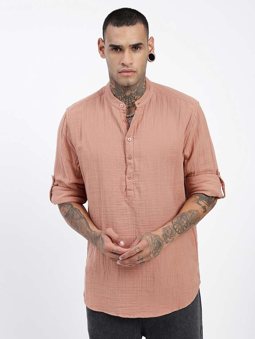 men mandarin neck solid short kurta