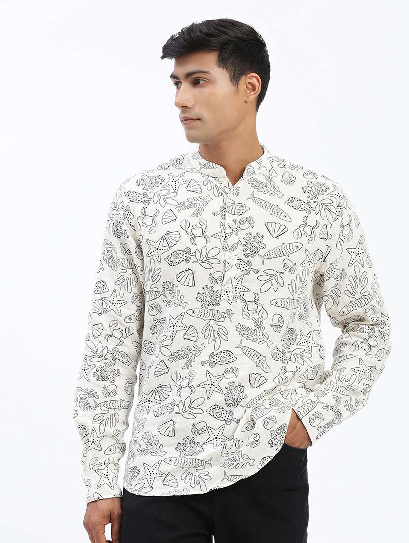 men mandarin neck printed short kurta