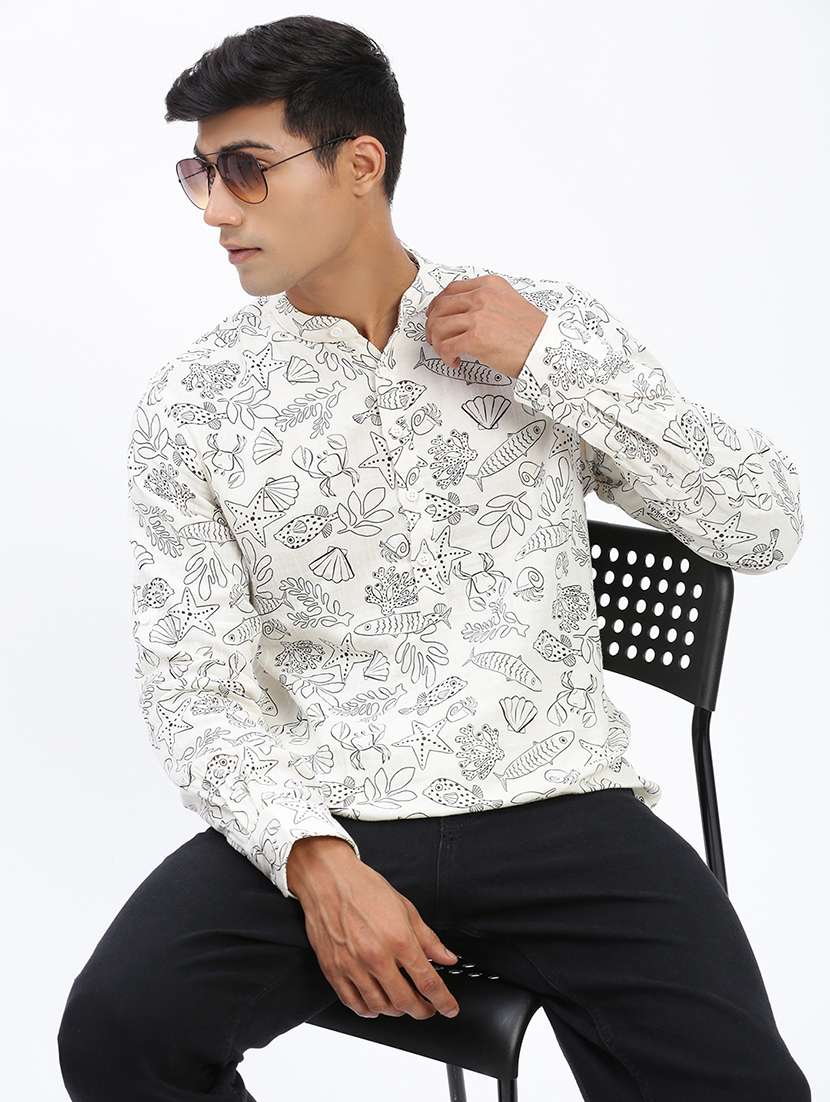 men mandarin neck printed short kurta - 21597447 -  Standard Image - 1
