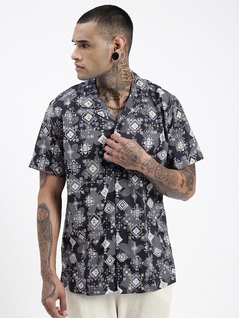 men short sleeves printed casual shirt