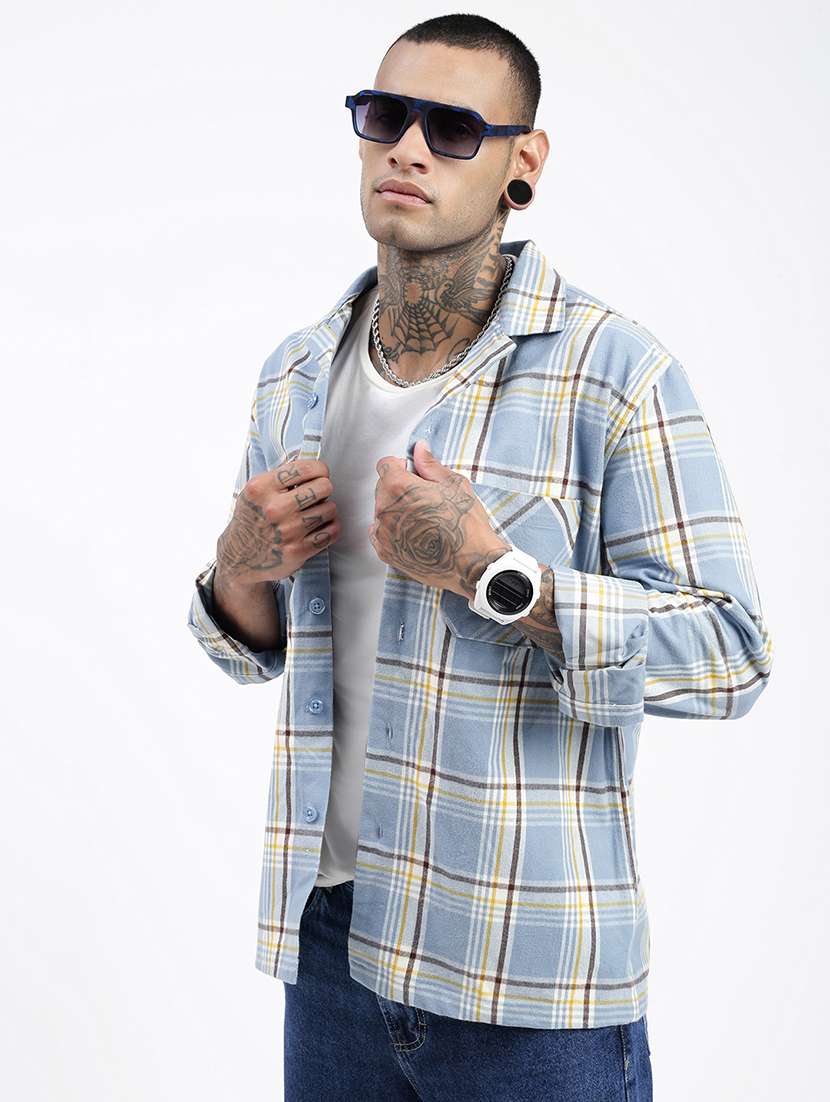 men long sleeves checkered casual shirt - 21597503 -  Standard Image - 1