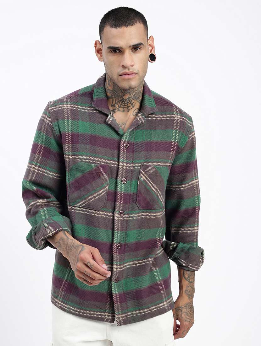 men long sleeves checkered casual shirt