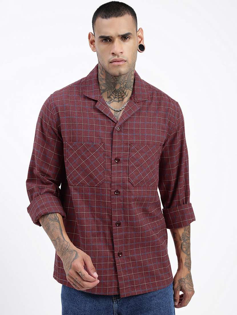 men long sleeves checkered casual shirt