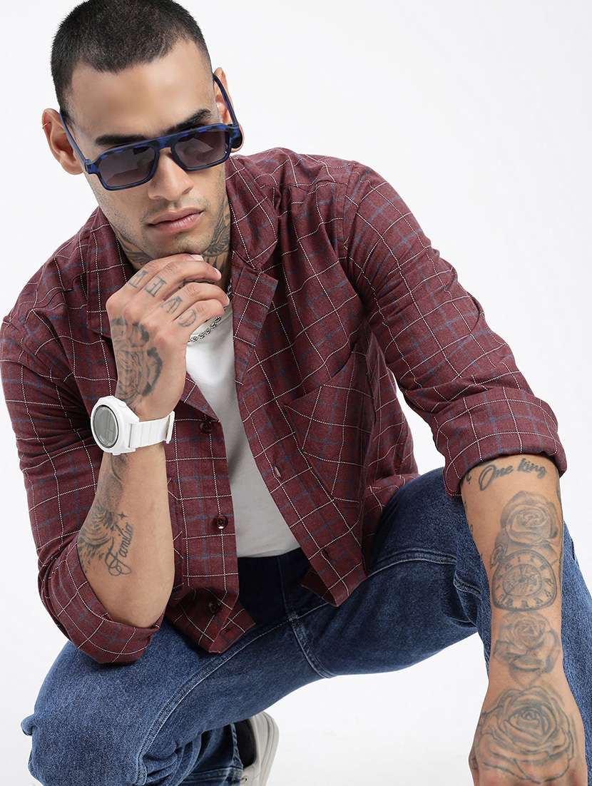 men long sleeves checkered casual shirt - 21597505 -  Standard Image - 1