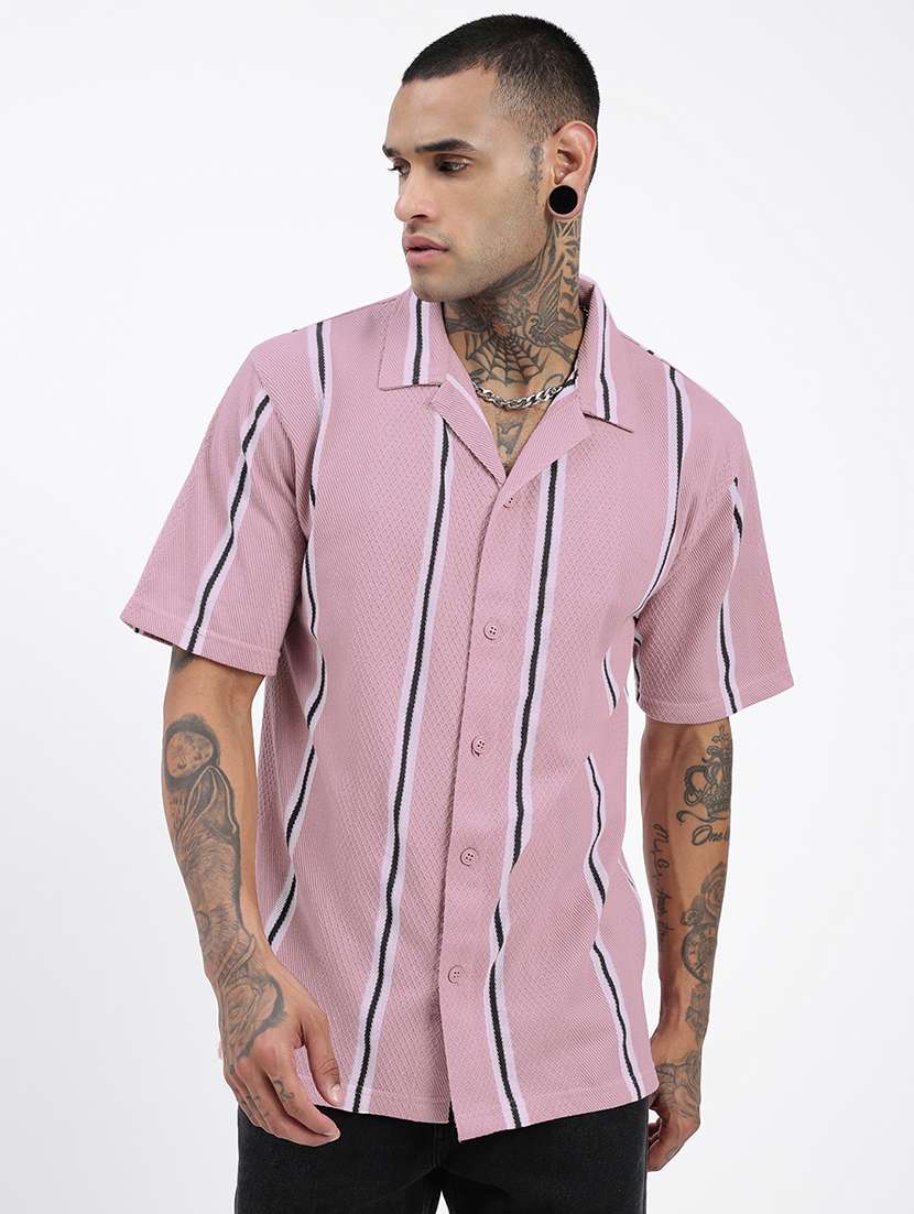 men short sleeves striped casual shirt
