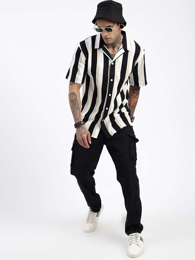 men loose fit striped cuban collar casual shirt - 21597516 -  Standard Image - 4