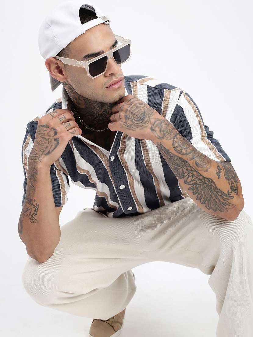 men loose fit striped cuban collar casual shirt - 21597517 -  Standard Image - 1