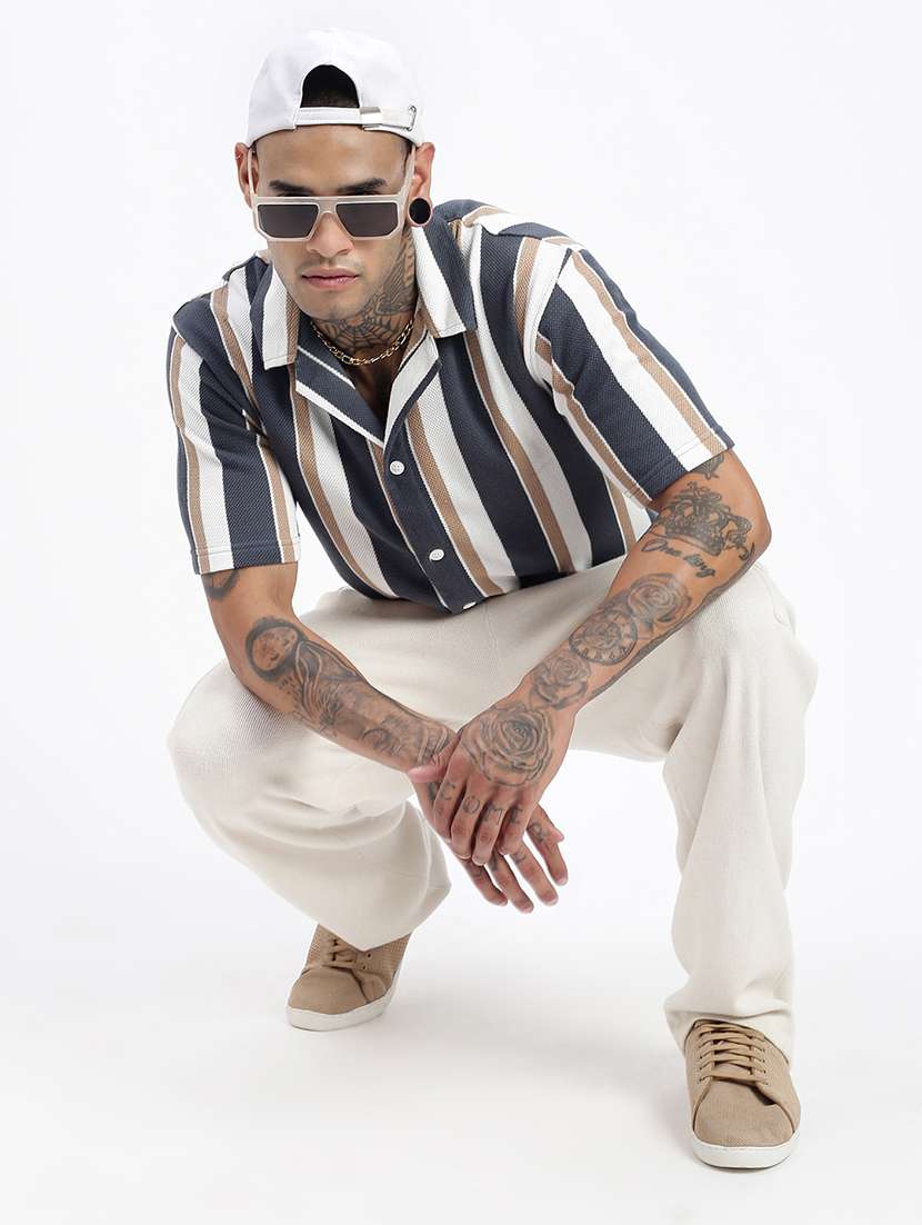 men loose fit striped cuban collar casual shirt - 21597517 -  Standard Image - 4