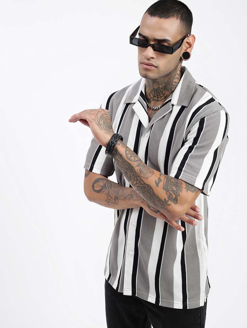 men loose fit striped cuban collar casual shirt - 21597518 -  Standard Image - 1