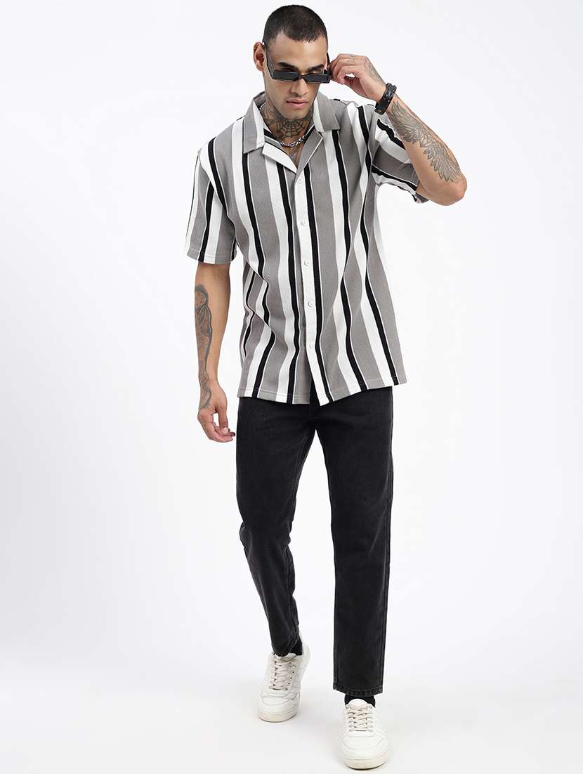 men loose fit striped cuban collar casual shirt - 21597518 -  Standard Image - 4