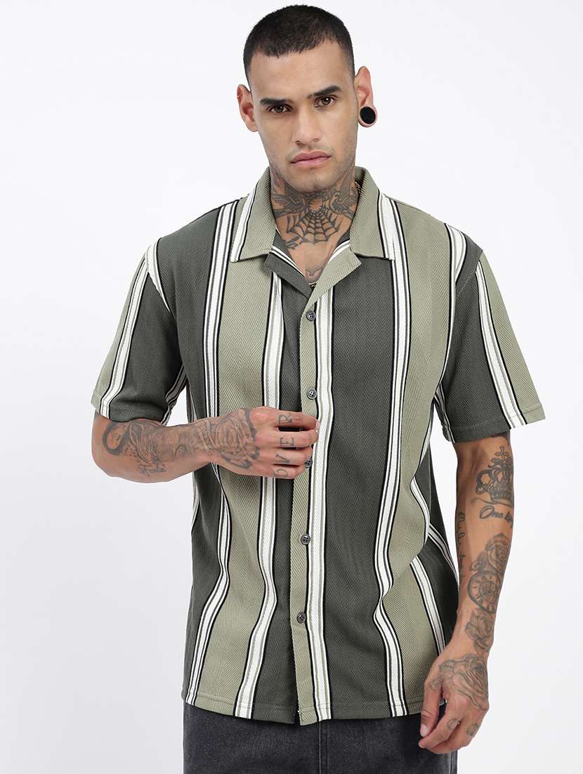 men loose fit striped cuban collar casual shirt