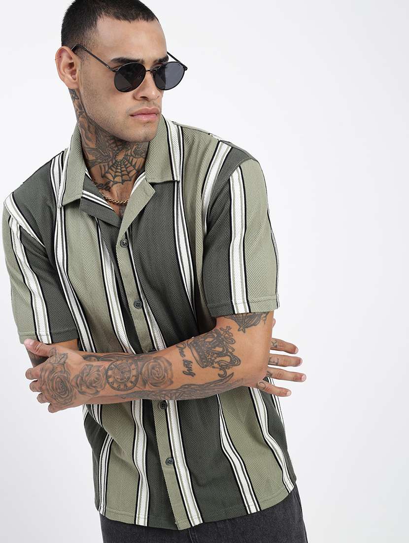 men loose fit striped cuban collar casual shirt - 21597519 -  Standard Image - 1