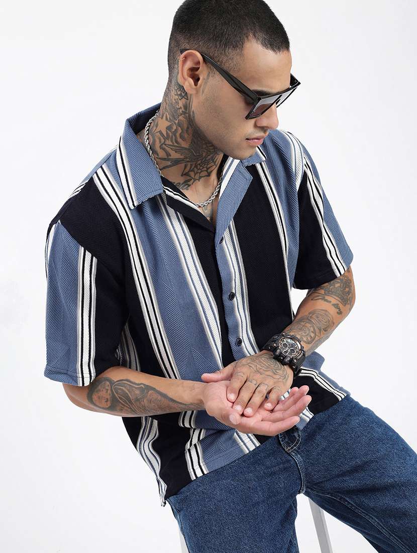 men loose fit striped cuban collar casual shirt - 21597520 -  Standard Image - 1
