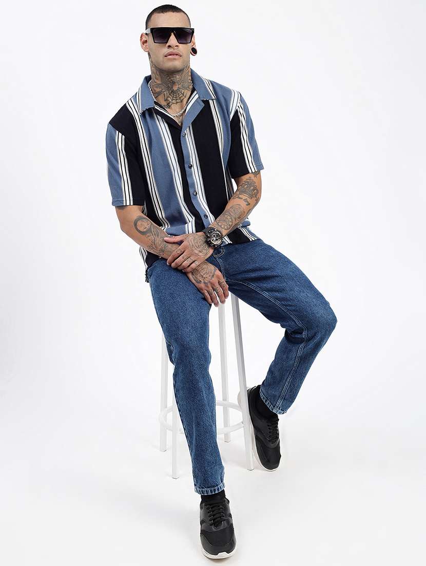 men loose fit striped cuban collar casual shirt - 21597520 -  Standard Image - 4