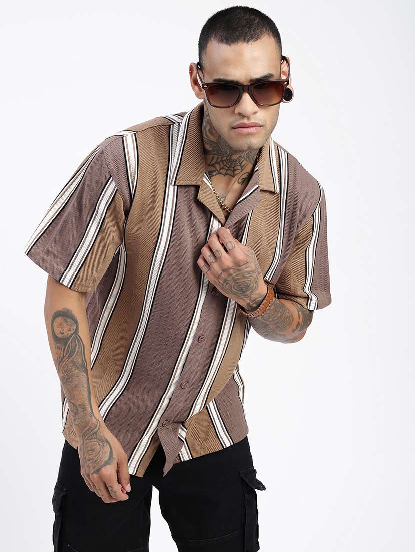 men loose fit striped cuban collar casual shirt - 21597521 -  Standard Image - 1