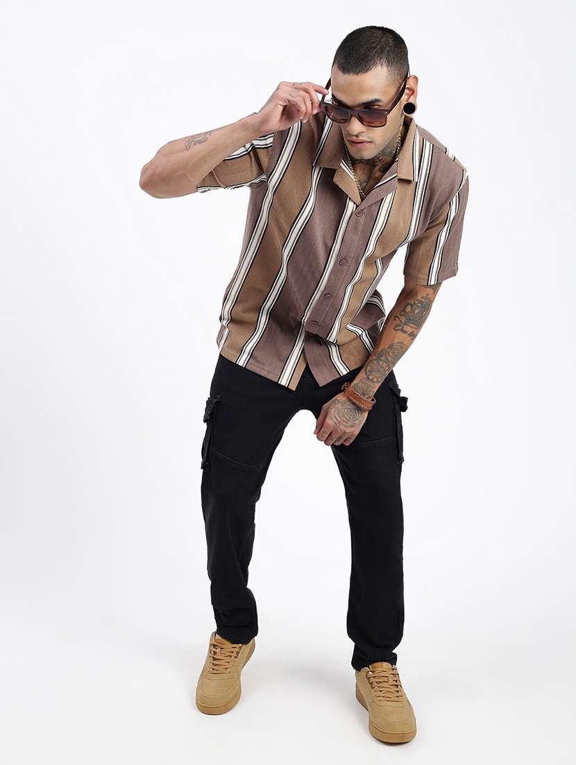 men loose fit striped cuban collar casual shirt - 21597521 -  Standard Image - 4
