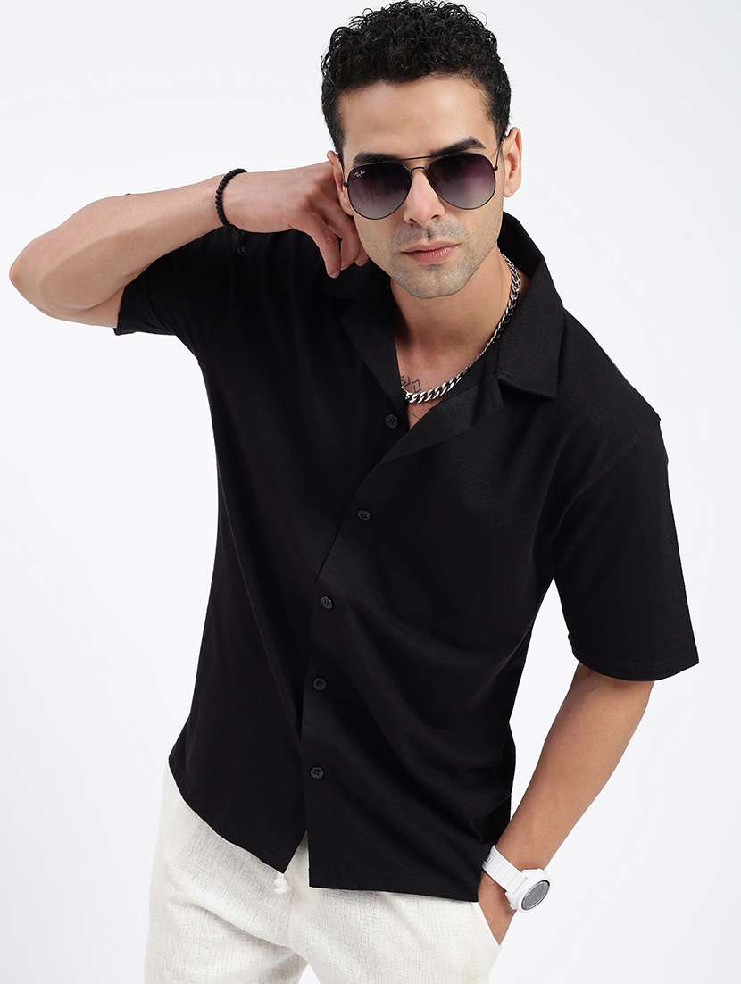 men loose fit solid cuban collar casual shirt - 21597525 -  Standard Image - 1