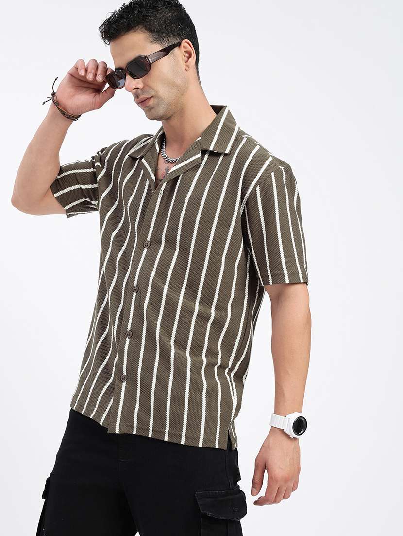 men loose fit striped cuban collar casual shirt - 21597527 -  Standard Image - 1