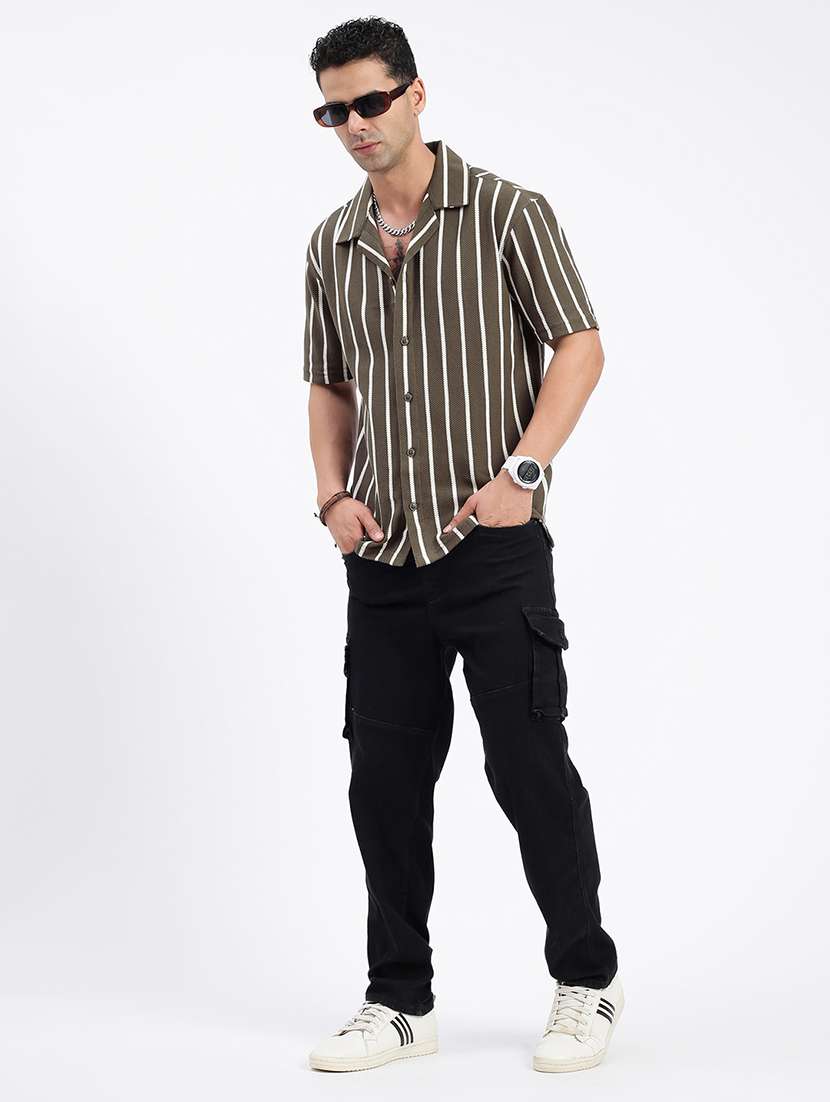 men loose fit striped cuban collar casual shirt - 21597527 -  Standard Image - 4