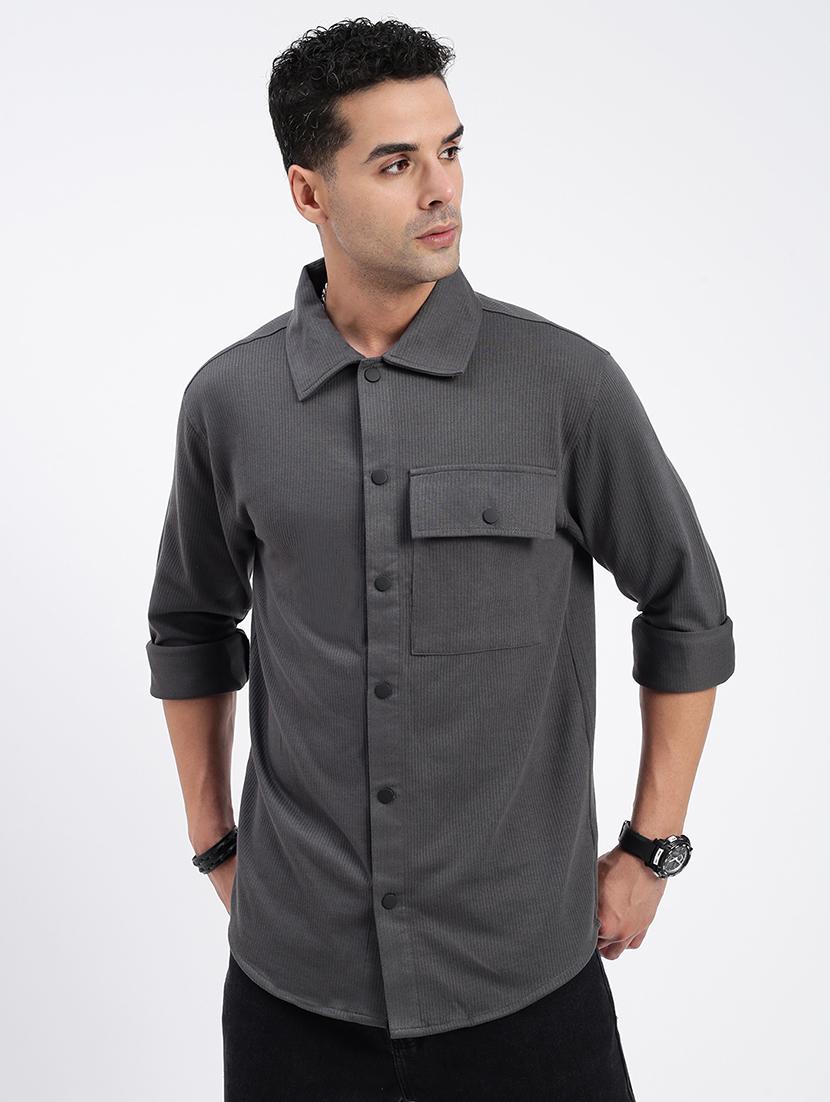 men regular fit solid casual shirt with single pocket - 21597532 -  Zoom Image - 0