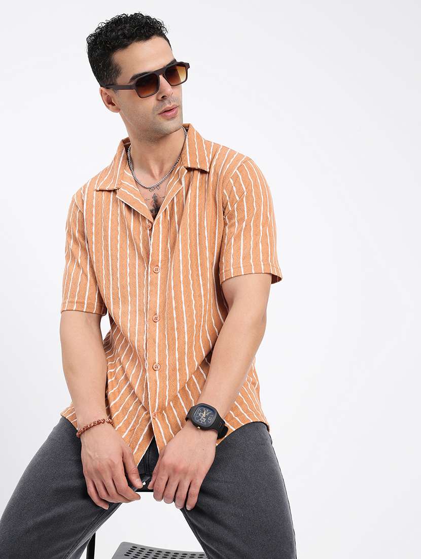 men loose fit striped cuban collar casual shirt - 21597540 -  Standard Image - 1