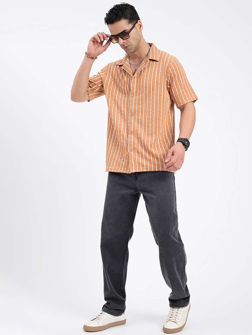 men loose fit striped cuban collar casual shirt - 21597540 -  Standard Image - 4