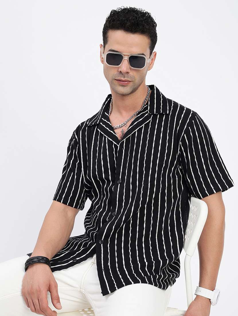 men loose fit striped cuban collar casual shirt - 21597541 -  Standard Image - 1