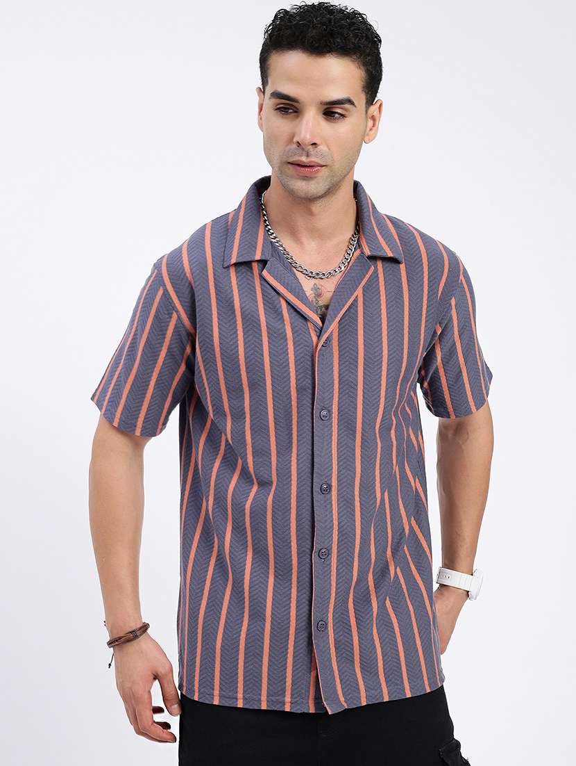 men loose fit striped cuban collar casual shirt
