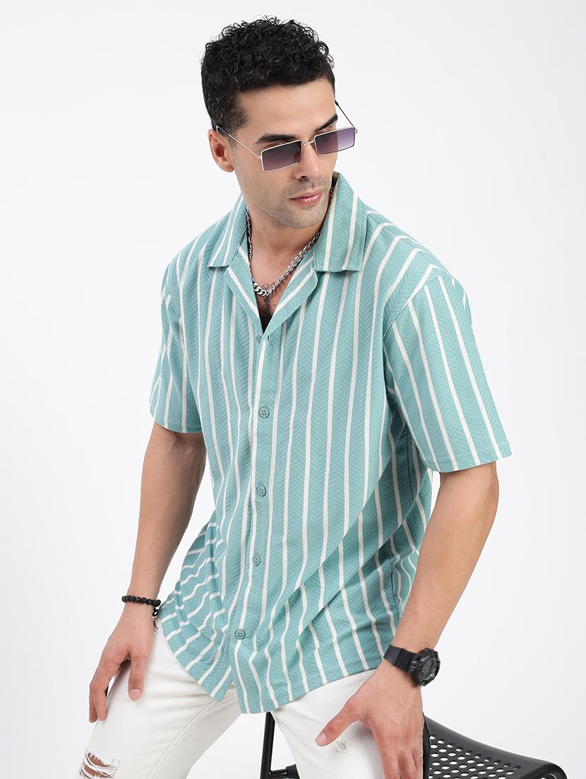 men loose fit striped cuban collar casual shirt - 21597547 - Standard Image - 1
