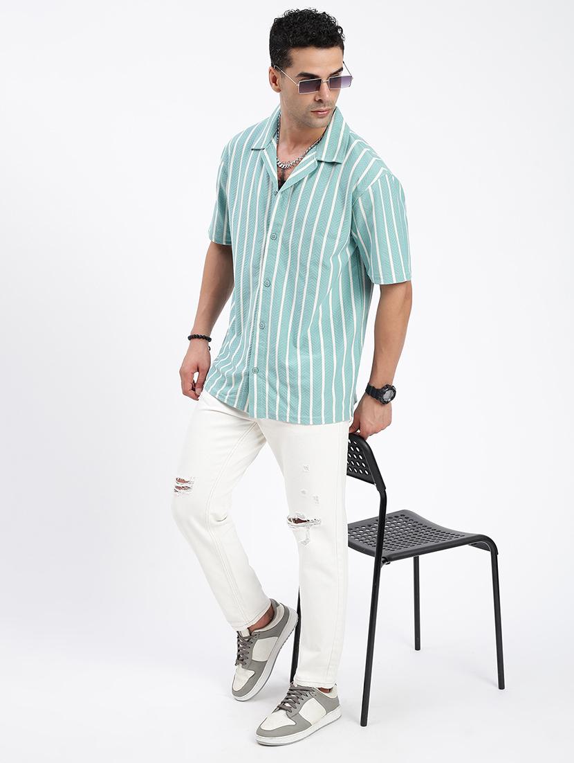 men loose fit striped cuban collar casual shirt - 21597547 - Standard Image - 4