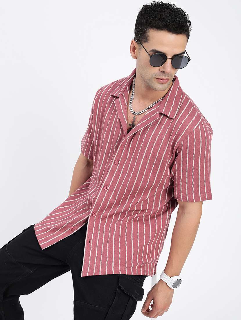 men loose fit striped cuban collar casual shirt - 21597548 -  Standard Image - 1