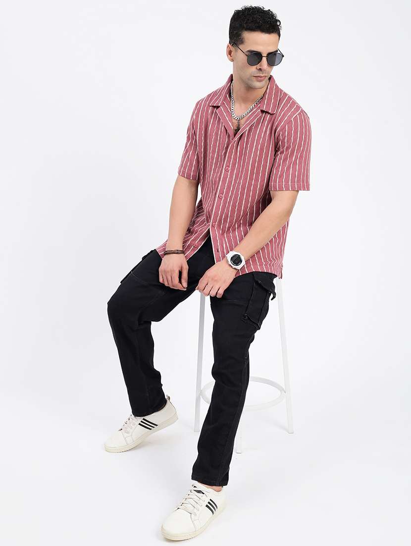 men loose fit striped cuban collar casual shirt - 21597548 -  Standard Image - 4