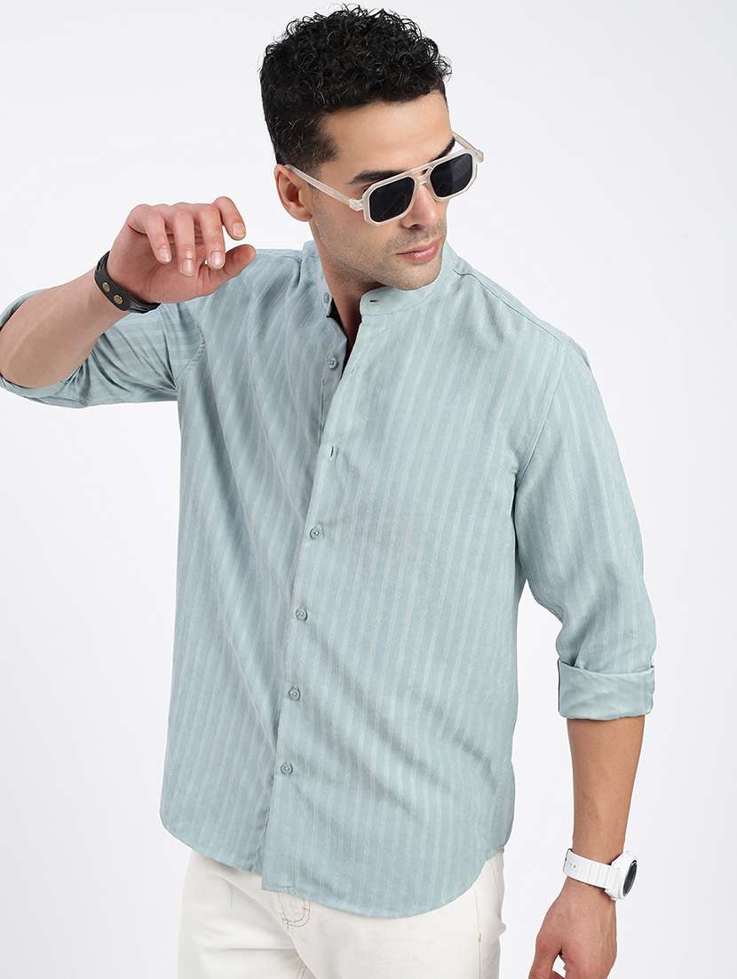 men regular fit striped mandarin neck casual shirt - 21597550 -  Standard Image - 1