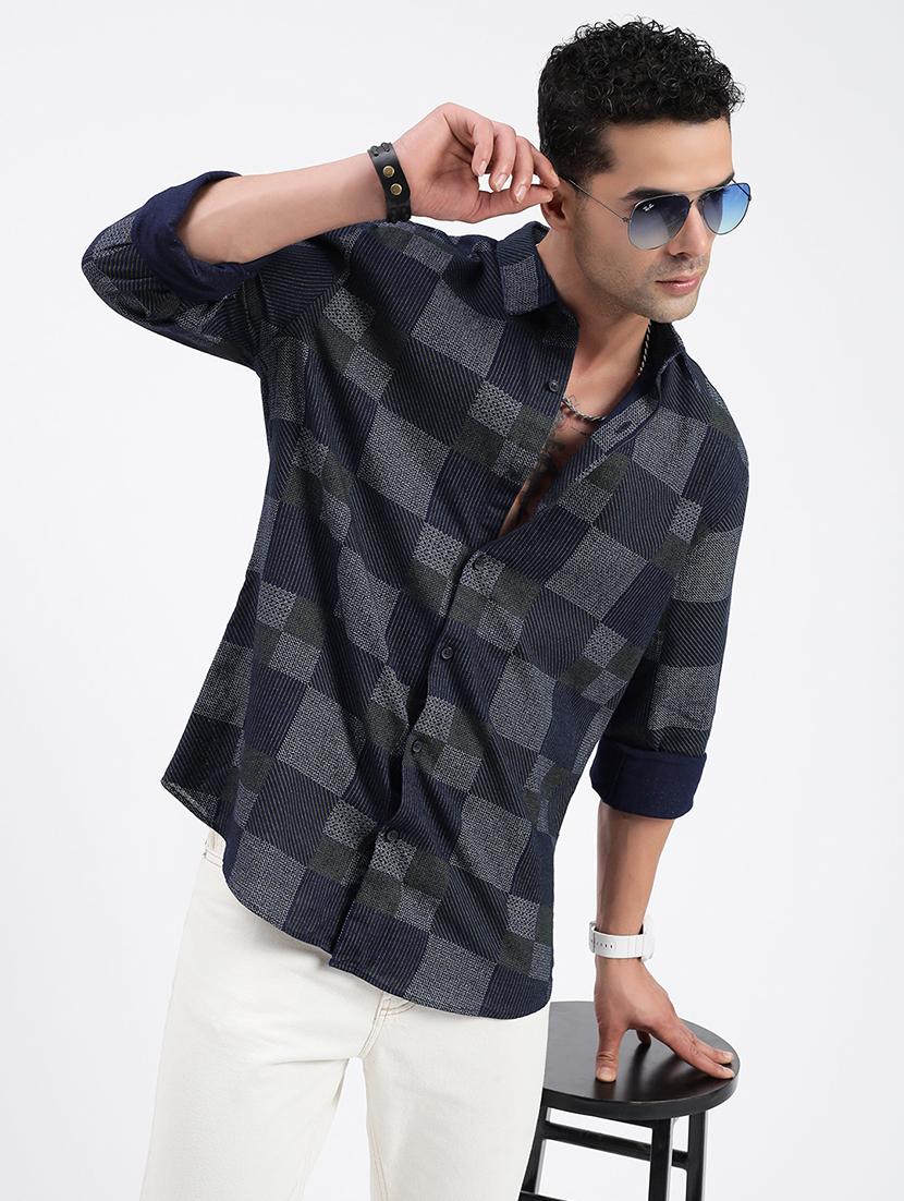 men regular fit geometric long sleeve casual shirt - 21597552 - Standard Image - 1