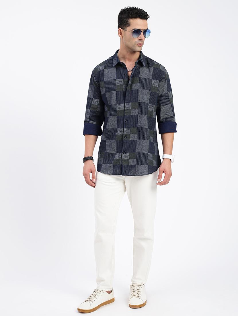 men regular fit geometric long sleeve casual shirt - 21597552 - Standard Image - 4