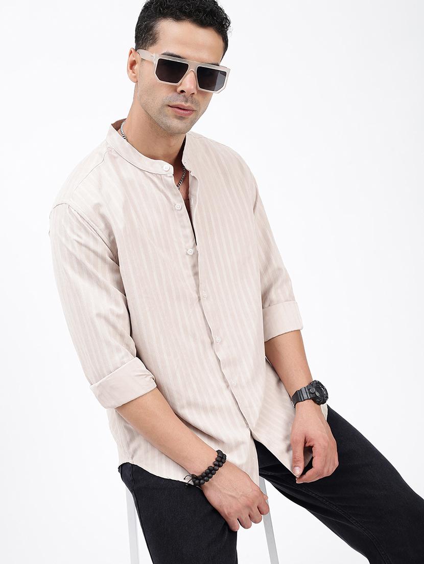 men regular fit striped mandarin neck casual shirt - 21597554 -  Standard Image - 1