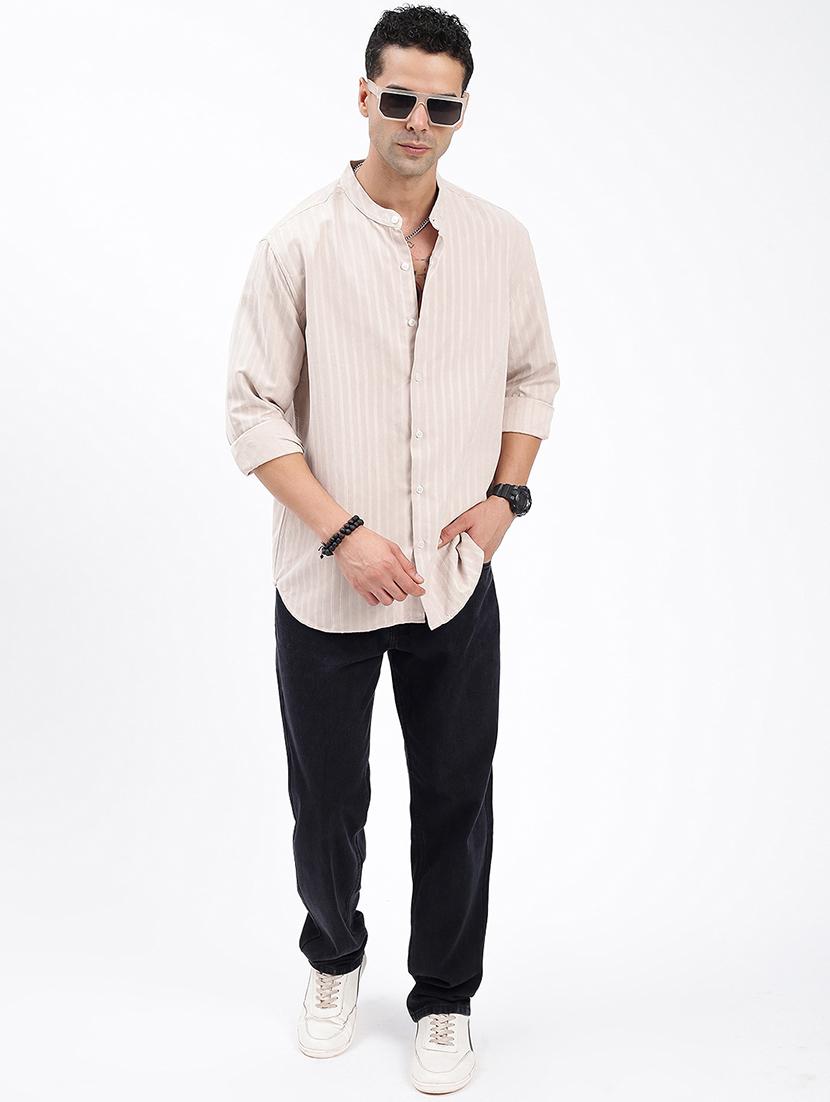 men regular fit striped mandarin neck casual shirt - 21597554 - Standard Image - 4