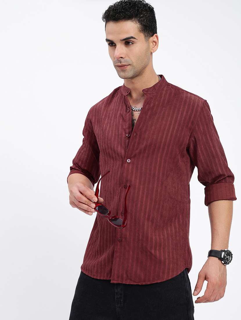 men regular fit striped mandarin neck casual shirt - 21597555 -  Standard Image - 1