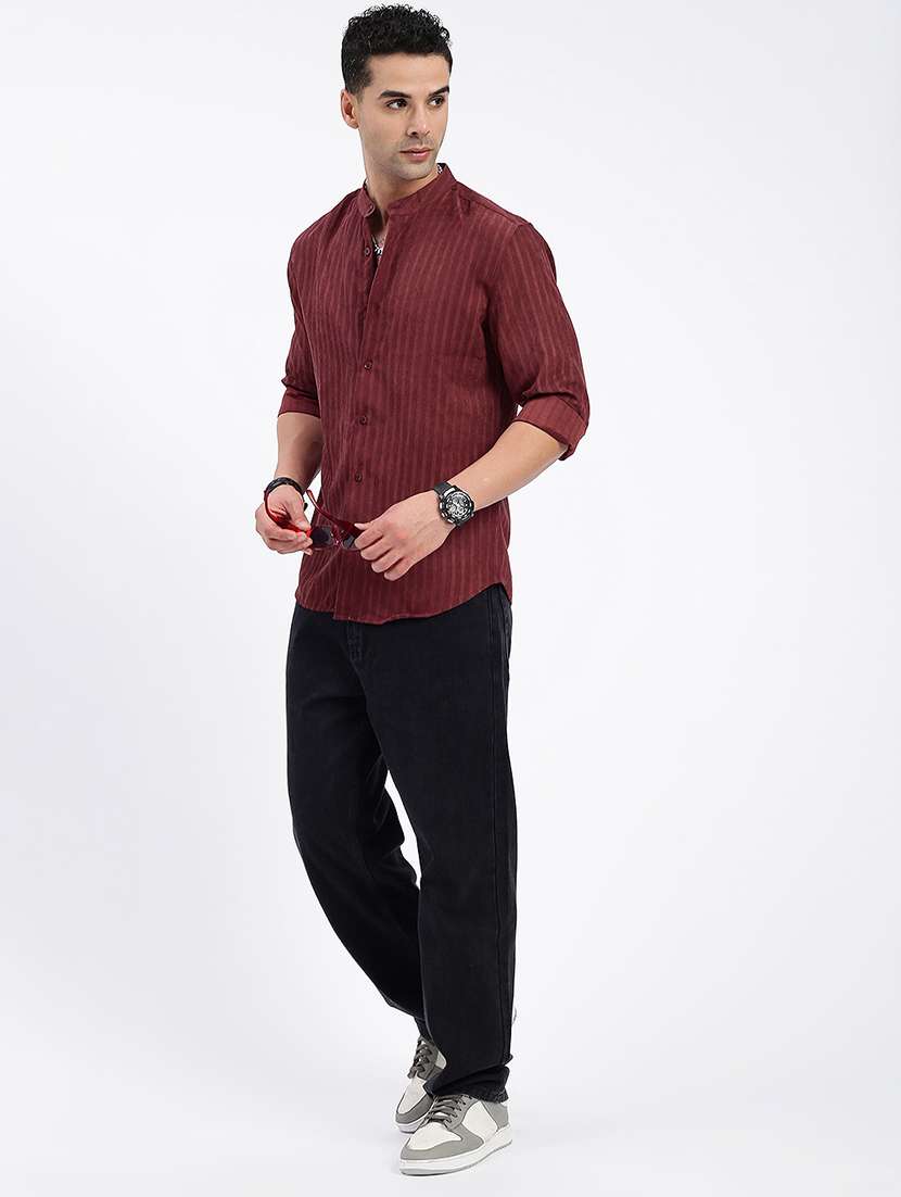 men regular fit striped mandarin neck casual shirt - 21597555 -  Standard Image - 4
