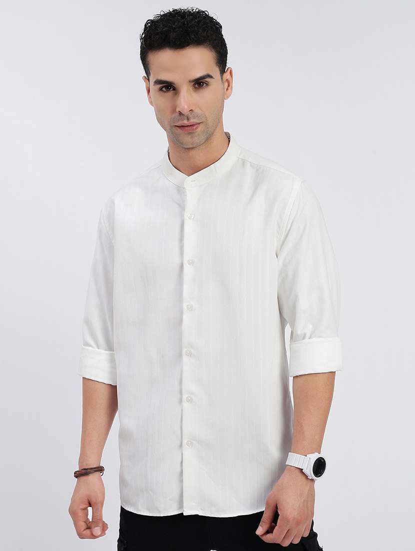 men regular fit striped mandarin neck casual shirt