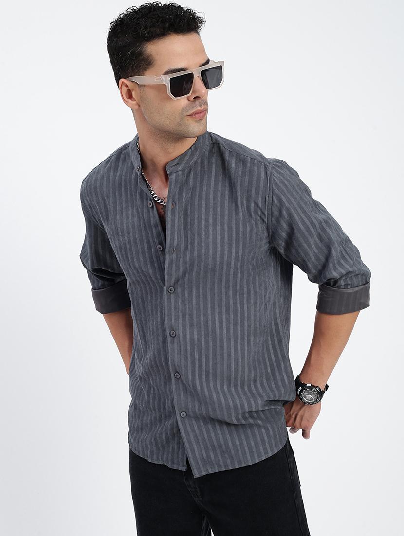 men regular fit striped mandarin neck casual shirt - 21597559 - Standard Image - 1