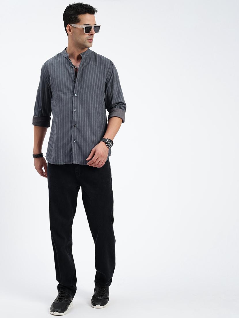 men regular fit striped mandarin neck casual shirt - 21597559 - Standard Image - 4