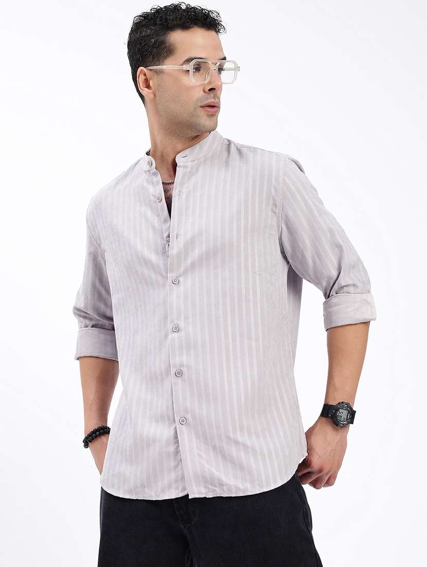men regular fit striped mandarin neck casual shirt - 21597560 -  Standard Image - 1