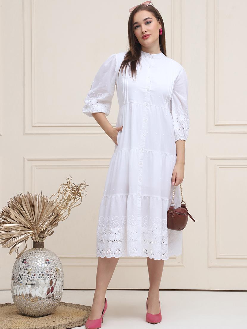 women white schiffli tiered dress - 21597880 - Zoom Image - 0