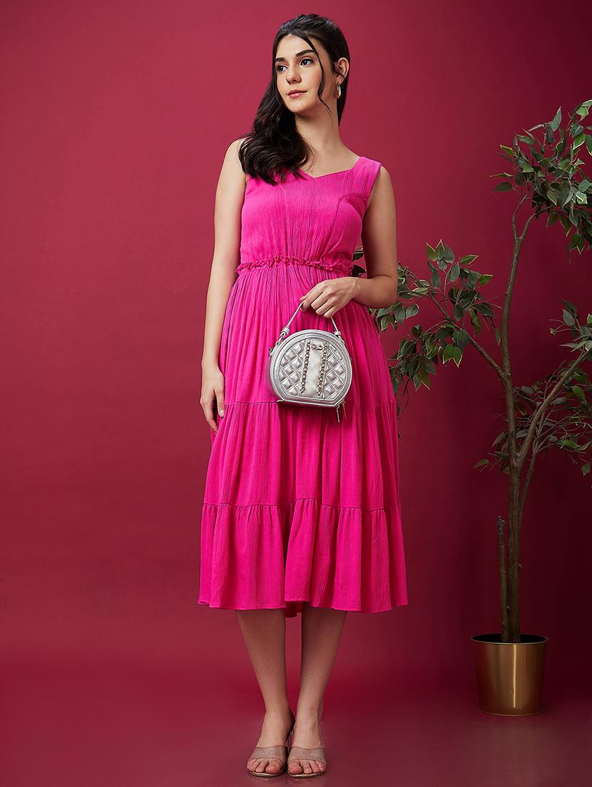 globus women pink v-neck gathered smocked tiered fit & flare midi dress - 21597987 -  Standard Image - 1