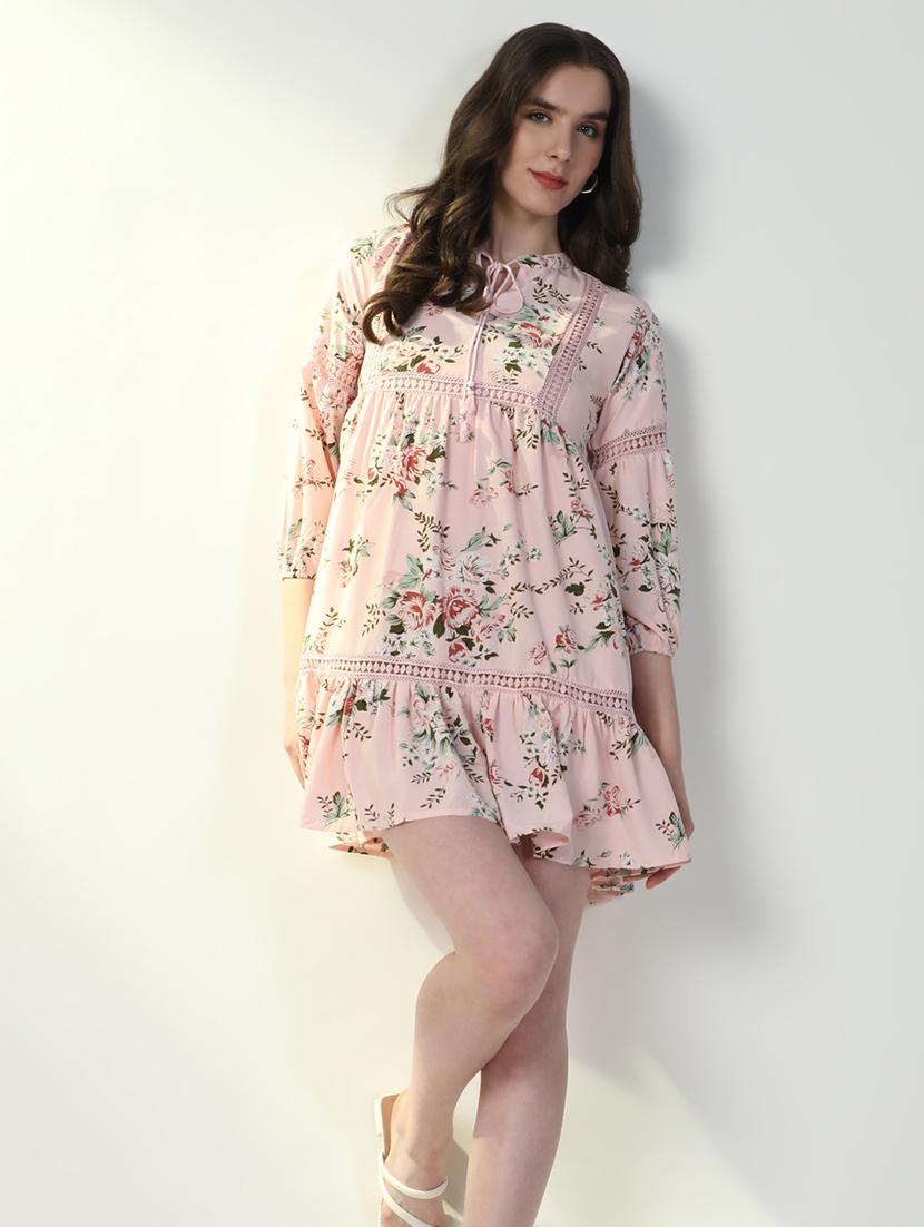 women floral tie-up neck fit & flare dress - 21598024 - Standard Image - 1